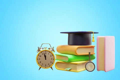 Alarm clock stack of books and academic cap isolated on blue background. Illustrazione stock