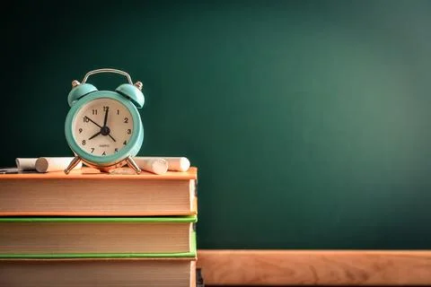 Alarm clock on stack of books 写真素材
