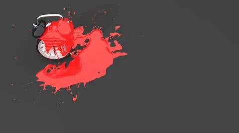 Alarm clock stained with red paint in the form of a blot Stock Illustration