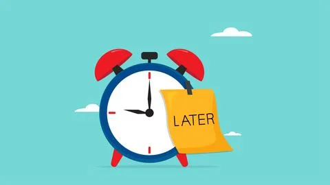 Alarm clock with sticky notes written the word later, delaying work or wast.. 스톡 일러스트