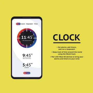 Alarm clock stopwatch timer ui mobile phone. Stock Illustration