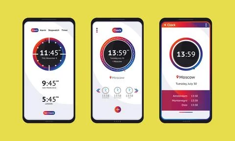 Alarm clock stopwatch timer ui mobile phone. Stock Illustration