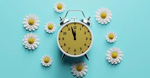 Alarm clock surrounded by flowers. Stock Illustration