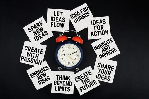 Alarm Clock Surrounded with Message about Idea and Thinking Concept Stock Photos