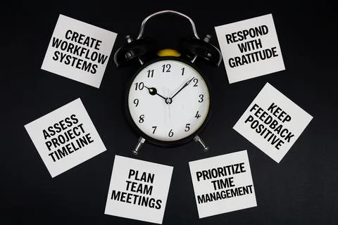 Alarm Clock Surrounded with Message about Time Management Concept Stock Photos