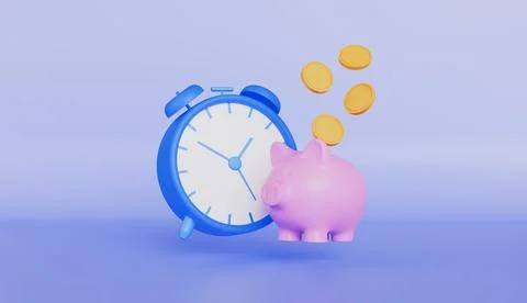 Alarm clock symbolizes the importance of timely savings, Piggy bank and coins Stock Illustration