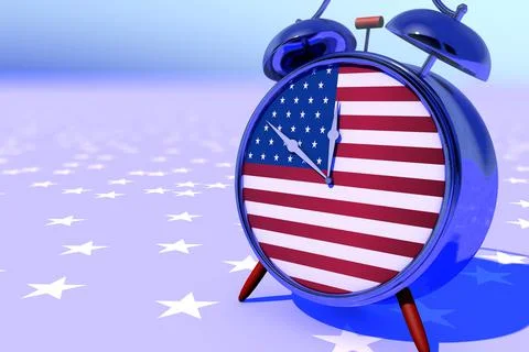 Alarm clock with US flag dial. Independence Day, Veterans, Patriots... 3D ill Stock Illustration