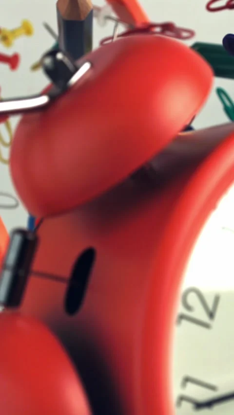 An alarm clock with various school supplies flies up and falls. Filmed on a high Stock Footage 335373519