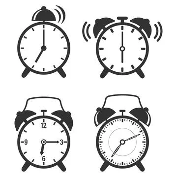 Alarm clock vector icons collection set with ringing sound waves for morning Stock Illustration