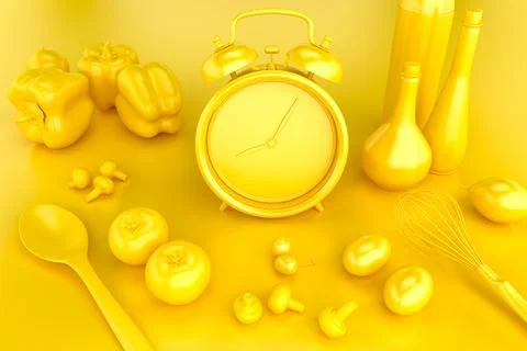 Alarm clock with vegetables and kitchen utensils. 3D illustration イラスト素材