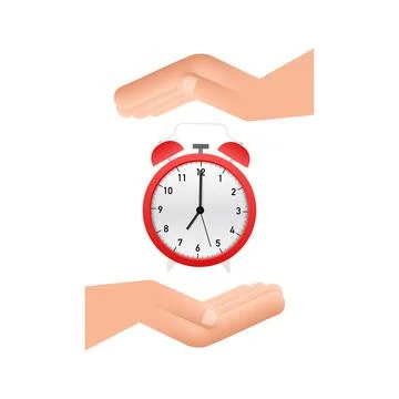 Alarm clock, wake-up time in hands on white background. Vector stock 스톡 일러스트