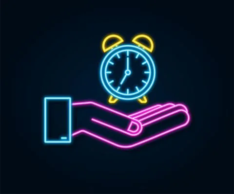 Alarm clock, wake-up time in hands on white background. Neon icon. Vector stock 스톡 일러스트