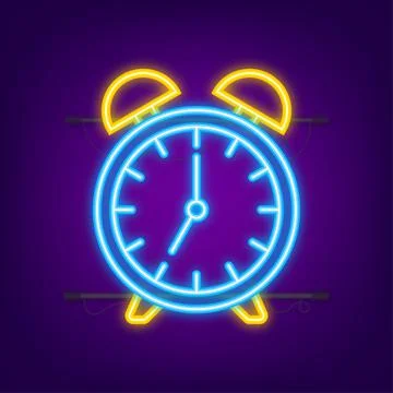 Alarm clock, wake-up time in hands on white background. Neon icon. Vector stock Stock Illustration