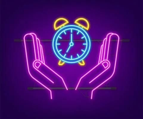 Alarm clock, wake-up time in hands on white background. Neon icon. Vector stock 스톡 일러스트