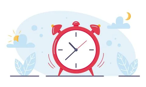 Alarm clock, wake up time with leaves and clouds on background Stock Illustration