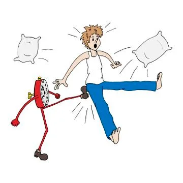 An alarm clock wakes a man to work early in the morning in a non-standard way Stock Illustration
