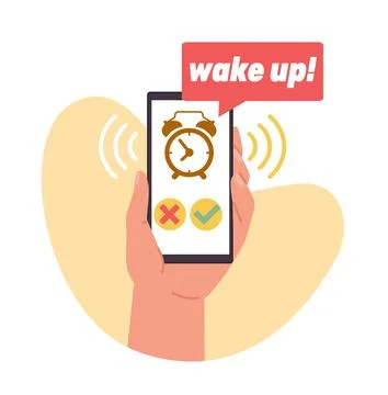 Alarm clock in your cell phone gives you wake up call. Hand hold smartphone with Ilustração Stock