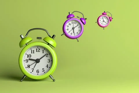 Alarm Clocks Flying on Green Empty Background 3D Illustration, Time Flies Con Stockillustratie