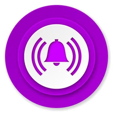 Alarm icon, violet button, alert sign, bell symbol. Stock Illustration