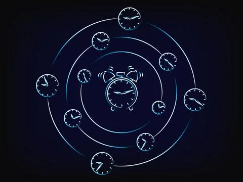 Alarm surrounded by spinning clocks vector Stock Illustration