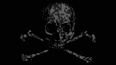 Alarming animated cyber hacking skull and cross bones symbol with animated Stock Footage 198171455