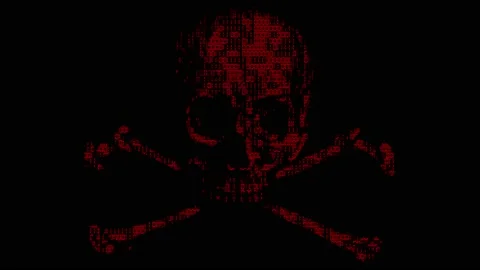 Alarming animated cyber hacking skull and cross bones symbol with animated Stock Footage 198171530