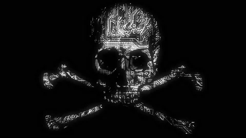 Alarming animated cyber hacking skull and cross bones symbol with animated Stock Footage 198171573