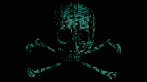 Alarming animated cyber hacking skull and cross bones symbol with animated Stock Footage 198171668