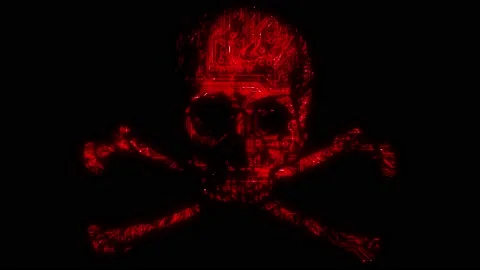 Alarming animated cyber hacking skull and cross bones symbol with animated Stock Footage 198171703