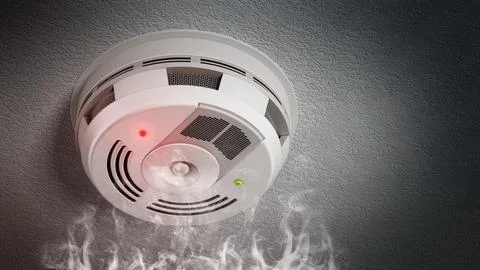 Alarming smoke detector on the ceiling. 3D illustration Stock Illustration