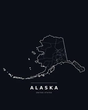 Alaska AK Map Boroughs Highways Roads Dark Mode Editable Vector Stock Illustration