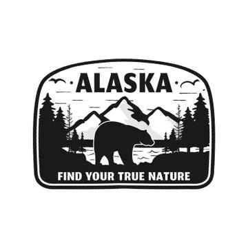Alaska badge design. Mountain adventure patch. American travel logo. Cute retro Stock Illustration