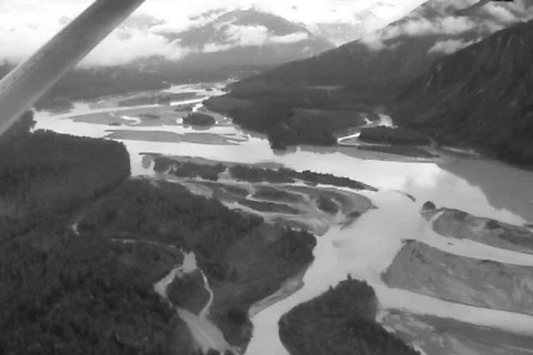 Alaska bay from air SD BW Stock Footage
