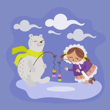 ALASKA BEAR Flat Design Winter Girl Vector Illustration Set Stock Illustration
