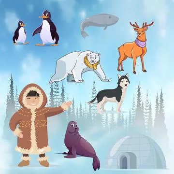 Alaska elements happy inuits flat set Stock-Illustration