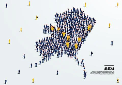 Alaska Map and Flag. A large group of people in the Alaska flag color. Stock Illustration