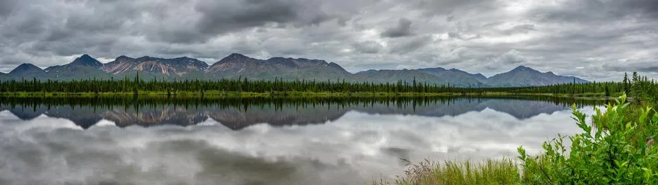 Alaska pine tree forest reflection on a lake 32:9 ultrawide Foto stock