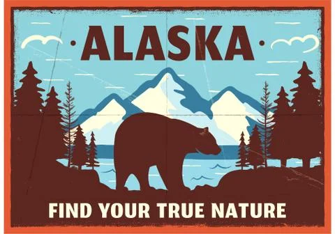 Alaska poster design. Mountain adventure patch. American travel logo. Cute retro Stock Illustration