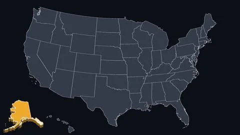 Alaska Raised in 3D on US Election Map Teal and Amber Highlight, Black Stock Illustration
