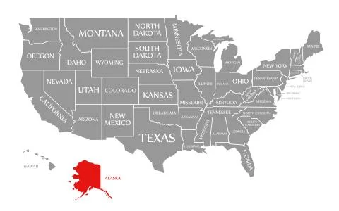 Alaska red highlighted in map of the United States of America Stock Illustration