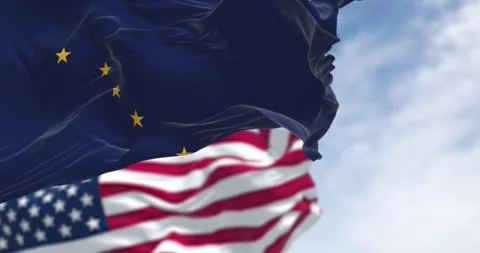 Alaska state flag waving in the wind behind the national flag of the US Stock-Footage 280574540