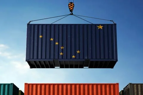 Alaska trade cargo container hanging against clouds background Stock Illustration