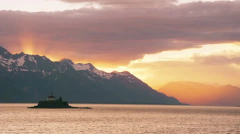 Alaskan Ferry Inside Passage Sunset Lighthouse Island Stock Footage 24951507