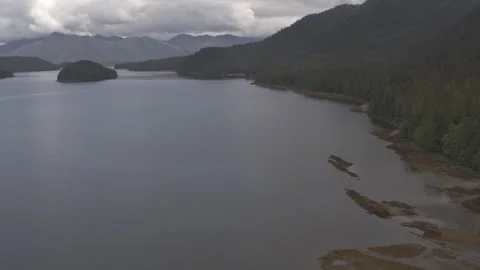 Alaskan Lake with Pine Trees surrounding and Mountains in Distance Drone Stock Footage 255318674