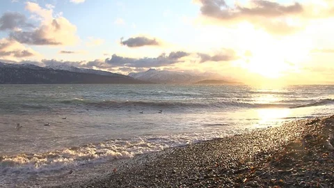 Alaskan sunset on beach Stock Footage 74061964