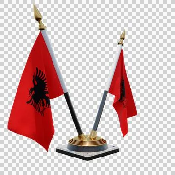 Albania 3d illustration flag on pole. Wood flagpole Illustration
