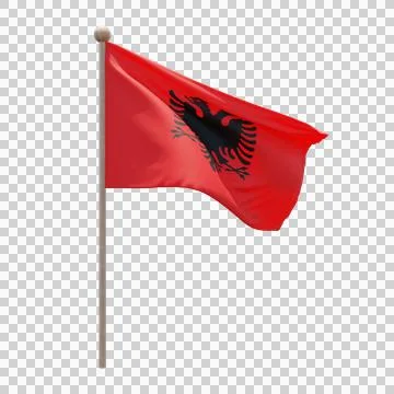 Albania 3d illustration flag on pole. Wood flagpole Stock Illustration