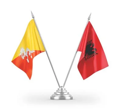 Albania and Bhutan table flags isolated on white 3D rendering Stock Illustration