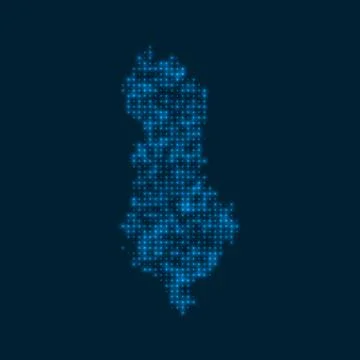 Albania dotted glowing map. Shape of the country with blue bright bulbs. Ve.. イラスト素材