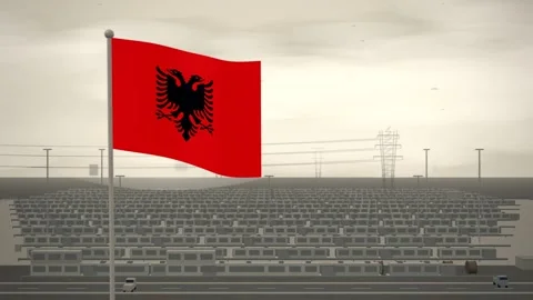 Albania Flag Flying Over Grid Battery Storage Farm seamless loop Stock Footage 345305260